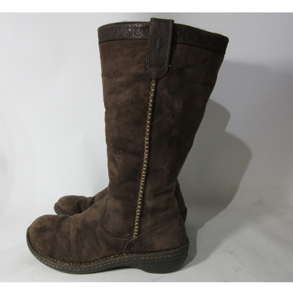 UGG Boots Womens 9 Brown Suede Sunburst Tall Sheepskin Lined Embossed Geometric